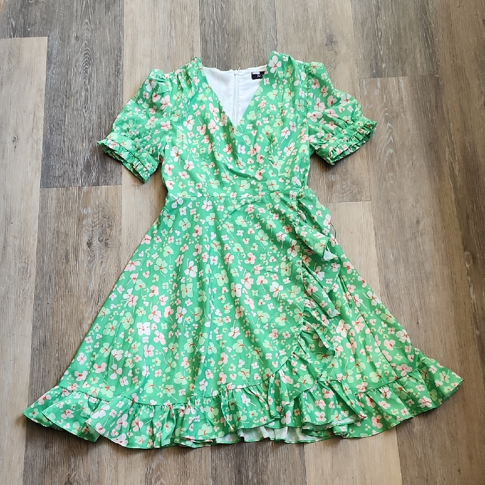 KOURT Green Ruffle Mini Dress with Puff Sleeves